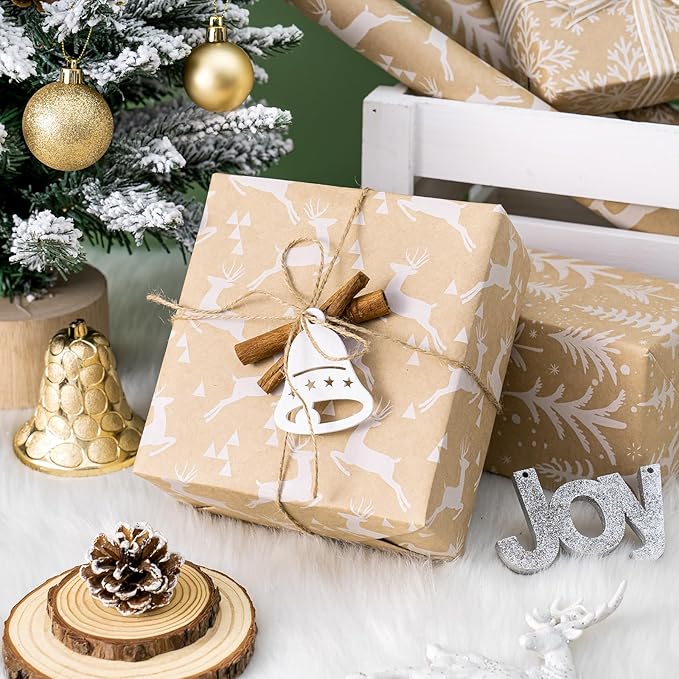 WRAPAHOLIC Kraft Christmas Wrapping Paper Roll - Mini Roll - 3 Rolls - 17 Inch X 120 Inch Per Roll - White Christmas Tree, Reindeer, Snowflake Holiday Collection