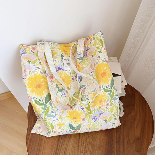 Cotton Canvas Tote Bag Reusable Soft Grocery Cloth Bag Floral Shoulder Bag for Beach Travel Shopping