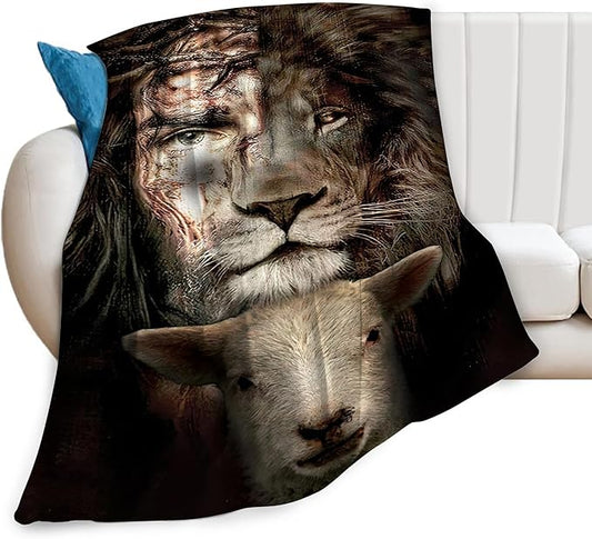 Christian Jesus Lion and Lamb Throw Blanket - Religious Gifts and Decor for Men Women Adults - Soft Warm Cozy Fleece for Couch Sofa Bed 60"x50"