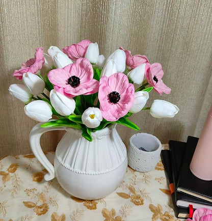 Artificial Tulips 10 Heads Mini Real Touch Artificial Flowers Fake Tulip for Home Decor Wedding Party DIY Bouquet Flowers (White)