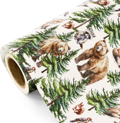 WRAPAHOLIC 30 Inch Jumbo Kraft Christmas Wrapping Paper - 30 Inch x 100 Feet Jumbo Roll White Wild Animal Winterfall Watercolor and Christmas Tree Wrapping Paper Perfect for Holiday, Party