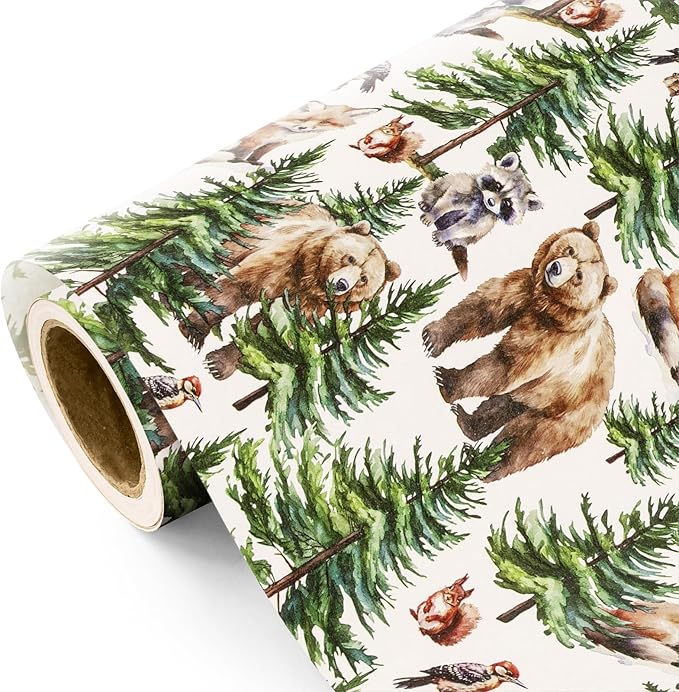 WRAPAHOLIC 30 Inch Kraft Christmas Wrapping Paper - 30 Inch x 33 Feet - White Wild Animal Winterfall Watercolor and Christmas Tree Wrapping Paper Perfect for Holiday, Party