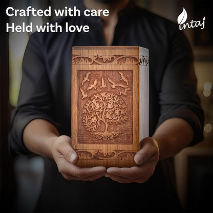 INTAJ Tree of Life Wooden Urn for Human Ashes, 115lbs Capacity, Suitable for Burial for Men, Women, Mom, Dad - Mini Rosewood Keepsake Cremation Urn for Ashes Handcrafted - Wooden Carved Box