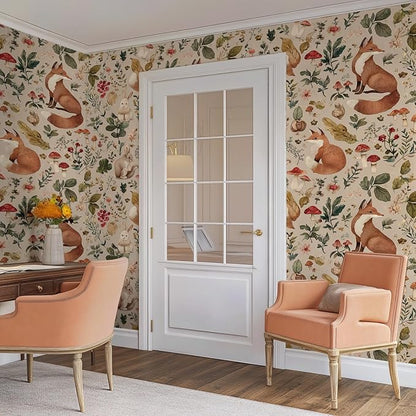 Animal Peel and Stick Contact Paper Moody Fox Rabbit Mushroom Botanical Leaf Removable Wallpaper 17.7" x 118.11" Wall Paper Watercolor Self Adhesive for classroom Bedroom laundry room bathroom