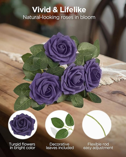 InnoGear Artificial Flowers, 50 Pcs Dusty Purple Foam Fake Roses Bulk with Stems for Decoration DIY Wedding Bouquets Centerpieces Bridal Shower Party Valentines Christmas Tree