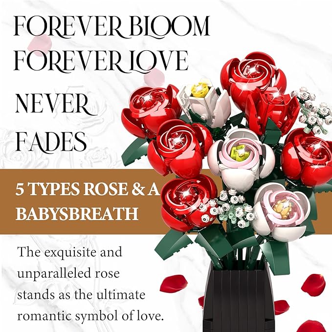 OKKIDY Roses Flowers Bouquet Building Set for Adults with Vase, Red Rose Artificial Flower Botanical Collection Plant Toy Kit, for Her Women Wife Mom, Home Decor(841PCS)