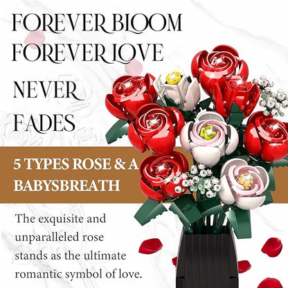 OKKIDY Roses Flowers Bouquet Building Set for Adults with Vase, Red Rose Artificial Flower Botanical Collection Plant Toy Kit, for Her Women Wife Mom, Home Decor(841PCS)
