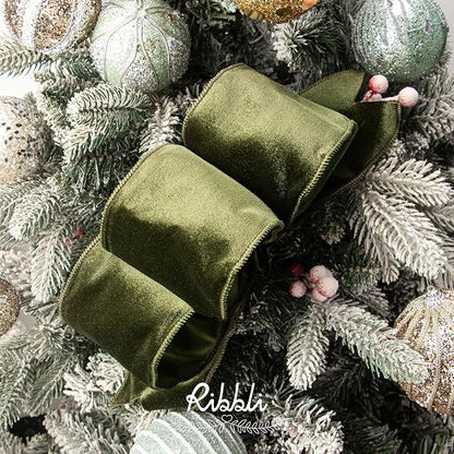 Ribbli Moss Green Velvet Wired Ribbon 4 Inch Velvet with Satin Christmas Ribbon for Gift Wrapping Christmas Tree Decoration Crafts Wreaths Supplies-Continuous 10 Yards