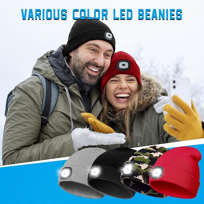 Christmas Stocking Stuffers for Men Adults, Beanie Hats with Light, USB Rechargeable LED Hand Free Headlamp, Birthday Gifts for Men, Women, and Teens, Ideal for Camping, Hiking, 2 Pack, Black