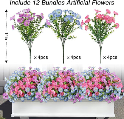 12PCS Artificial Flowers for Outdoor Decorations, Realistic Faux Silk Petunia Flowers for Outside, Fake Plants Morning Glory with Eucalyptus Porch Patio Planters Window Boxes Decor
