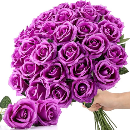 30 Pcs Rose Artificial Flowers in Bulk Real Touch Long Stem Silk Roses Bouquets Realistic Faux Flowers for Wedding Bridal Shower Home Decor Floral Arrangements Table Centerpiece(Purple)