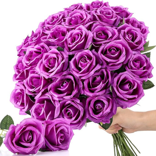 30 Pcs Rose Artificial Flowers in Bulk Real Touch Long Stem Silk Roses Bouquets Realistic Faux Flowers for Wedding Bridal Shower Home Decor Floral Arrangements Table Centerpiece(Purple)