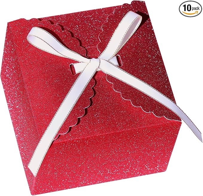 Small Red Glitter Gift Boxes, 10 PCS Premium Paper Box for Christmas, Birthday, Valentine's, Mother's Day, Party, Holiday Presents(4.75” x 4.75” x 3.53”)