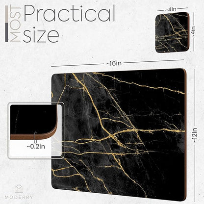 Set of 4 Heat Resistant Cork Placemats for Dining Table with Free Set of 4 Matching Drink Coasters Marble Design 16 x 12 Inches Cork Backed Hard Placemats (Black & Gold)