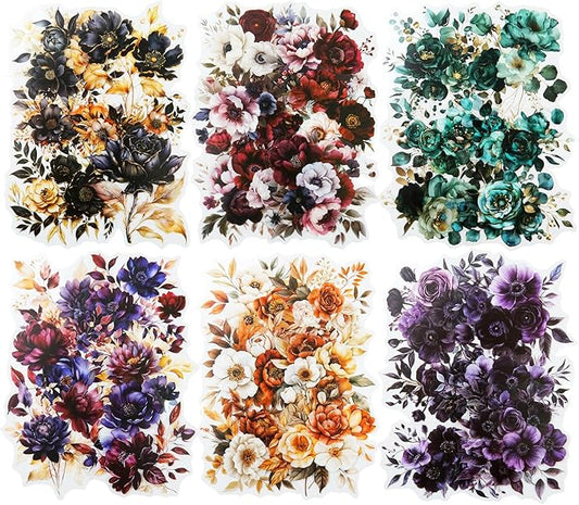 Blooming in The Dark Night PET Stickers, 120 Pcs Gothic Dark Floral Stickers for Scrapbooking, Journaling, Collage Supplies, and DIY Crafts