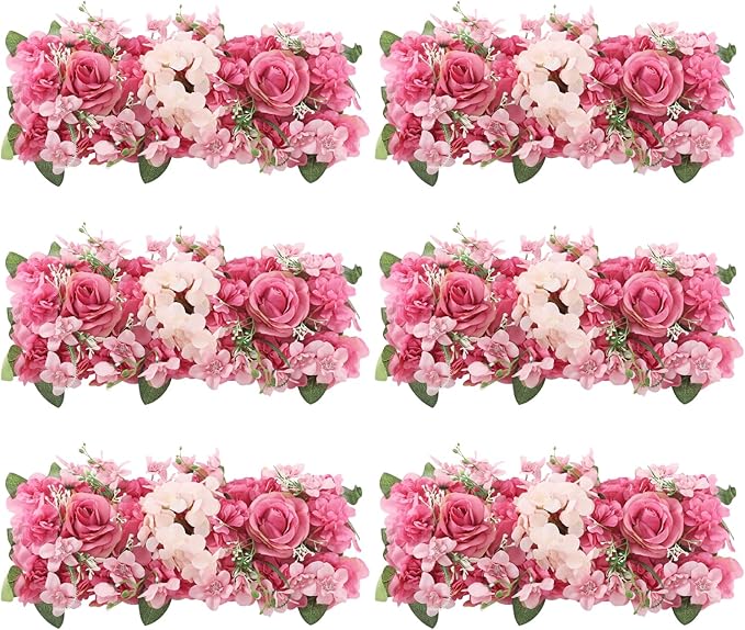 Flower Wall Panel Backdrop, 6pcs 20 X 8 Inch Artificial Floral Panels, Dahlia + Peony + Rose, 3D Fake Silk Flower Backdrop for Wedding Party Dining Table Centerpiece Decorations (Purple and Pink)