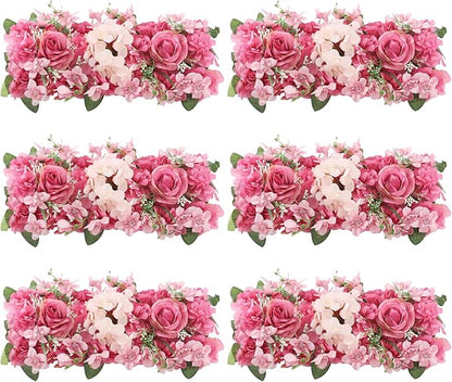 Flower Wall Panel Backdrop, 6pcs 20 X 8 Inch Artificial Floral Panels, Dahlia + Peony + Rose, 3D Fake Silk Flower Backdrop for Wedding Party Dining Table Centerpiece Decorations (Purple and Pink)