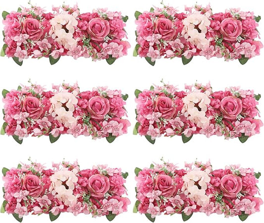 Flower Wall Panel Backdrop, 6pcs 20 X 8 Inch Artificial Floral Panels, Dahlia + Peony + Rose, 3D Fake Silk Flower Backdrop for Wedding Party Dining Table Centerpiece Decorations (Purple and Pink)