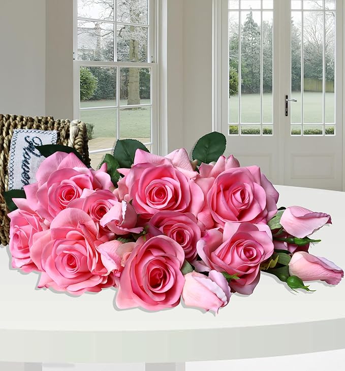 Pink Roses Artificial Flowers Indoor,Realistic Fake Flowers 5 Bouquets (15 Heads) for Living Room Decor,Real Touch Fake Plants for Bathroom Kitchen Office Wedding Centerpiece Table Bridal Shower Decor