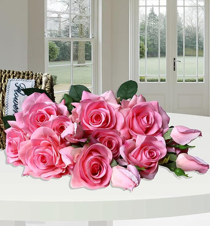 Pink Roses Artificial Flowers Indoor,Realistic Fake Flowers 5 Bouquets (15 Heads) for Living Room Decor,Real Touch Fake Plants for Bathroom Kitchen Office Wedding Centerpiece Table Bridal Shower Decor