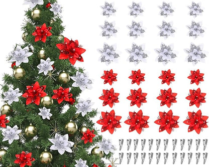 Geosar 24 Christmas Glitter Artificial Poinsettia Flowers Xmas Poinsettia Wedding Flowers Decorations Xmas Tree Ornaments with Clips for Party Favors, 6 Inch, 4 Inch, 3 Inch(Red and Sliver)