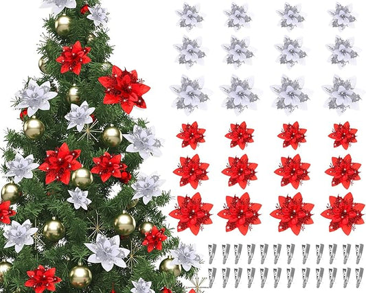 Geosar 24 Christmas Glitter Artificial Poinsettia Flowers Xmas Poinsettia Wedding Flowers Decorations Xmas Tree Ornaments with Clips for Party Favors, 6 Inch, 4 Inch, 3 Inch(Red and Sliver)