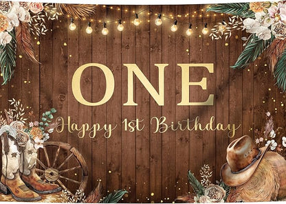 SVBright Western Cowgirl First Birthday Backdrop 5Wx3H One Year Old West Rustic Pampas Grass Country Wooden Flower Retro Boots Hat Decorations Photography Background Banner Photo Booth Studio