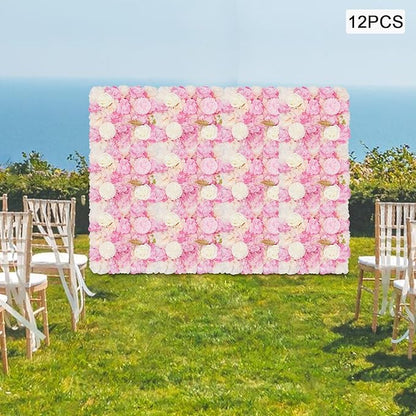 12Pcs Artificial Flower Wall Panel,3D 15" X 15" Silk Rose Mat Artificial Flower Wall,Decorative Backdrop Flower Panels Wall for Wedding Party Stage Baby Shower Decor (Pink,White)