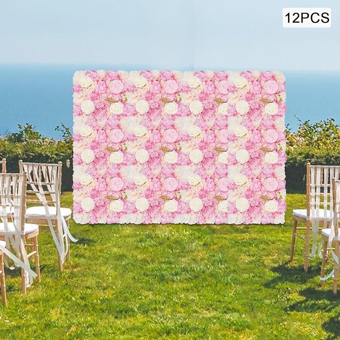 12pcs Artificial Flower Panels, 3D Floral Mat Silk Hydrangea Rose Floral Panel for Wedding Backdrop Wall Decor Shop Photo Backdrop, Festival & Event Wall Décor (15 x15in, Pink)