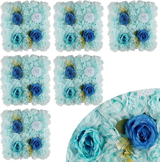 3D Flower Wall Backdrop - 6Pcs Artificial Flower Wall Panel 15 * 15inch Decoration Blue Roses Walls for Home Party Wedding Anniversary Birthday