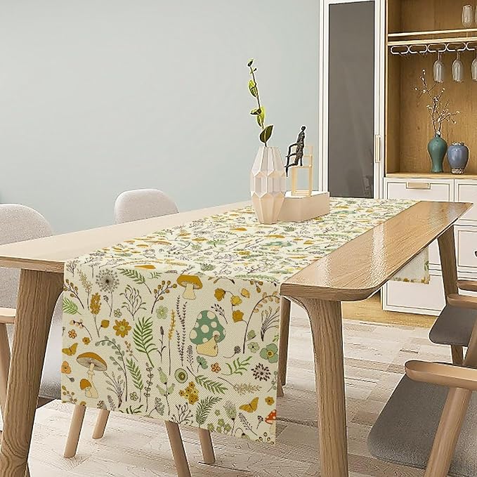 Wild Mushroom Table Runner, Vintage Botanical Rustic Retro Wildflower Herbs Plants Green Mushroom Table Cover for Home Kitchen Dining Decor Indoor Outdoor Party, 13x60inch