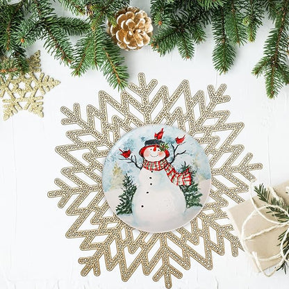 Snowflake Placemats Set of 6, Washable Christmas Placemats Snowflake Tablemats Hollow Out Round Vinyl Place Mats for Dining Table Setting Kitchen Table Mats Christmas Decoration(Gold Snowflake)