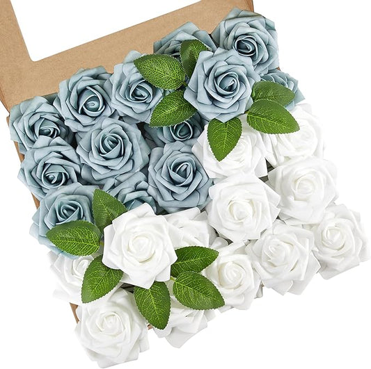 Artificial Flowers, 25pcs Dusty Blue and White Artificial Rose for DIY Wedding Bouquets Centerpieces Arrangements, Fake Flower with Stems for Party Home Decorations
