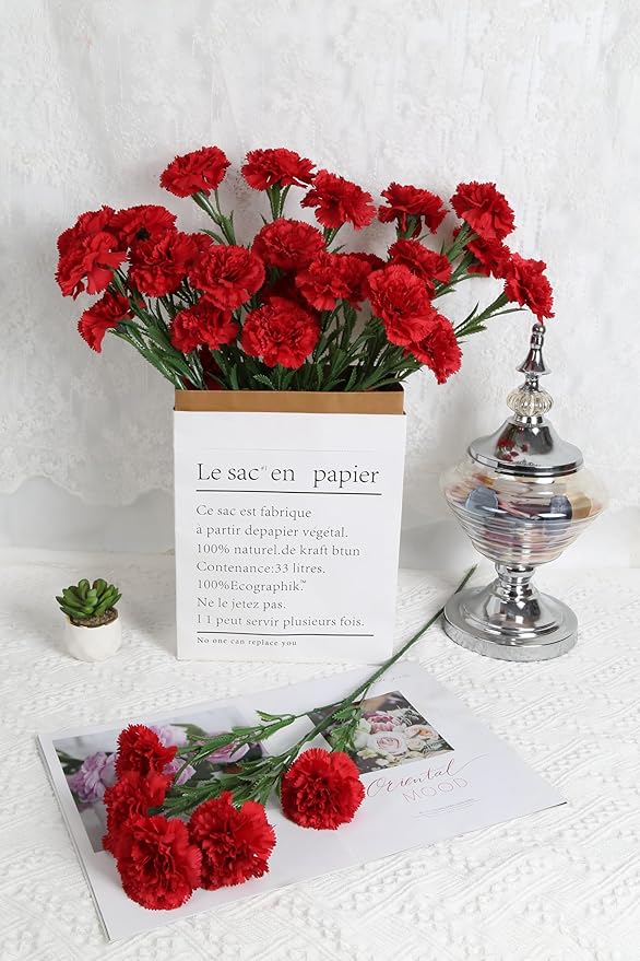 IPOPU Red Carnations Artificial Flowers 30 Heads 27.56in 6PCS Silk Carnations Flowers with Stems for Wedding Home Centerpieces Floral Arrangements(Red)
