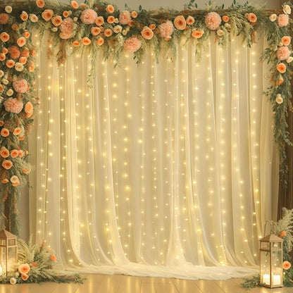 10ft x 8ft Champagne Sheer Tulle Backdrop Curtains with Lights String Wedding Backdrop for Reception Ceremony Birthday Party Baby Shower Photo Booth Background Decoration