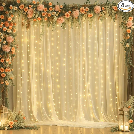 20x8ft Champagne Tulle Backdrop Curtains with Lights for Party Wedding Baby Shower, Sheer Drape Backdrop Curtains for Birthday Party Photo Booth Background Decoration