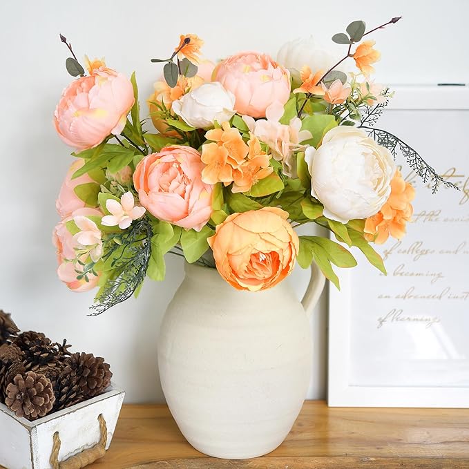 FiveSeasonStuff Harvest Keepsake Artificial Peony Bouquet – Set of 2 Faux Silk Flower Bundles with Autumn Ivory, Orange & Greenery Accents for Fall Centerpieces, Weddings & Home Decor – 1.6 ft Stems