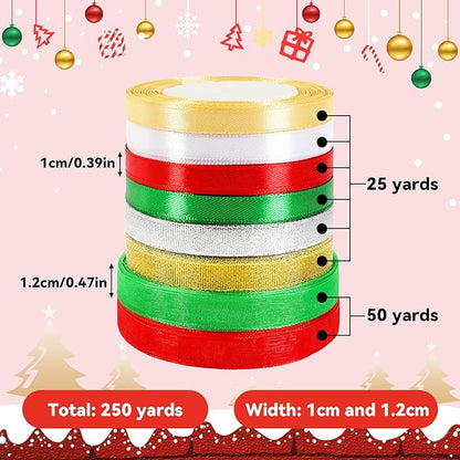 Christmas Ribbon, SEPGLITTER 250 Yards 8 Rolls Christmas Satin Organza Ribbons Gift Wrapping Ribbon for Xmas Party Decoration DIY Crafts Supplies (Red, Green, Gold, Silver, White)