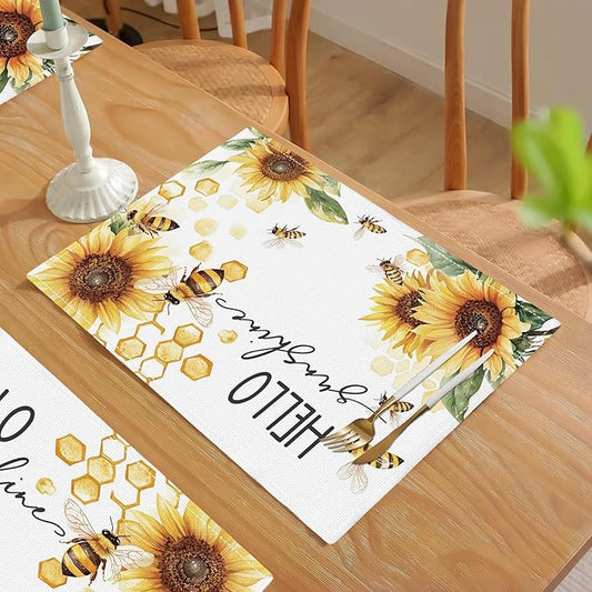 Farmhouse Sunflower Placemats Set of 6, Hello Sunshine Place Mats, Rustic Bee Dining Table Mats, Washable Placemats for Kitchen Dining Room Home Decor 18L'' × 12W''