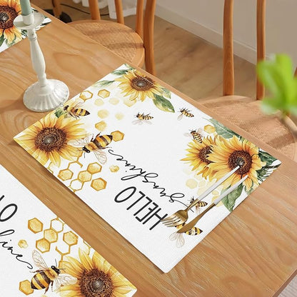 Farmhouse Sunflower Placemats Set of 4, Hello Sunshine Place Mats, Rustic Bee Dining Table Mats, Washable Placemats for Kitchen Dining Room Home Decor 18L'' × 12W''