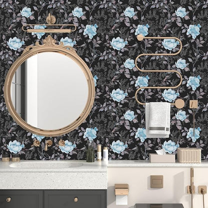 Black Blue Floral Peel and Stick Wallpaper Flowers Contact Paper 17.5"x118" Self Adhesive Waterproof Vintage Dark Floral Wall Paper for Shelf Liner Cabinet Decor