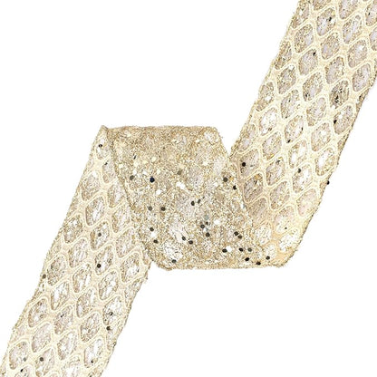 VATIN 2-1/2" Champagne Christmas Ribbon, Gold Glitter Mesh Diamond Web Sequin Dots Wired Christmas Ribbon for Gift Wrapping Bow Making Wreath Supply-10 Yards