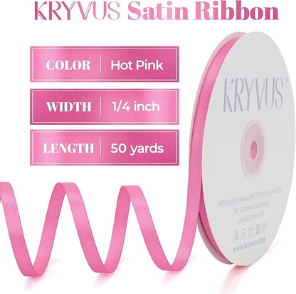 Hot Pink Satin Ribbon, Double Faced 1/4 Inch X 50 Yards Hot Pink Ribbon, Premium Satin Ribbon for Gift Wrapping, Crafts, Hair Bow Making, Sewing, Flower Bouquet, Wedding Party Decor
