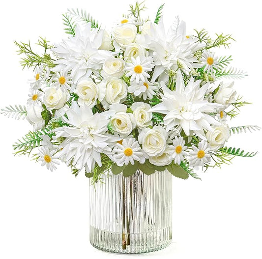 2PCS Artificial Flowers Dahlia Bouquet Fake Flowers White Silk Roses Daisies Faux Floral Arrangements for Dining Table Centerpieces for Kitchen Bridal Bouquet Wedding Party Home Decor