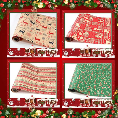 Panigkids Christmas Wrapping Paper Set with Jute Twine, Red, Green & Natural Kraft Rolls with Candy Canes, Reindeer & Merry Christmas Print (17 inch x 17 ft) 4 Rolls