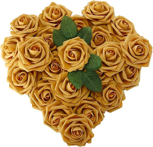 [25PCS] Gold Roses Artificial Flowers with Long Stem Real Touch Fake Foam Roses for Decoration DIY Wedding Bouquets Centerpieces Bridal Shower Mothers Day Party Flower Arrangements Home Decor