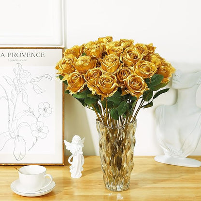 36 Pcs Gold Artificial Roses with Long Stems, Fake Silk Rose Artificial Flowers Bulk for Bridal Wedding Bouquet Centerpiece Ball Arrangement Party Decor