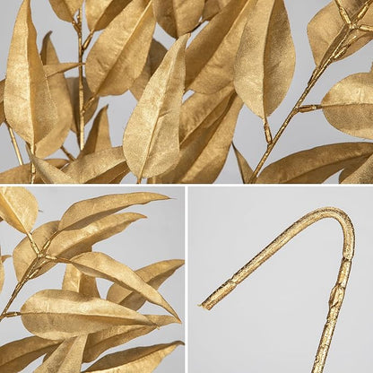 Hollyone 32” Christmas Tree Picks and Sprays 3Pcs Gold Artificial Eucalyptus Stems Eucalyptus Leaves Branches Fake Gold Leaf Floral for Vase DIY Xmas Tree Garland Wreath Centerpieces Wedding Decor