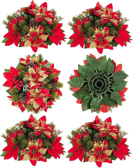 BLOSMON Poinsettias Christmas Flowers Decorations: 6 Pcs Red Gold Glitter Fake Christmas Floral Ball Centerpieces Artificial for Tables Silk Faux Poinsettia Holiday Flower Arrangement Xmas Plant Decor