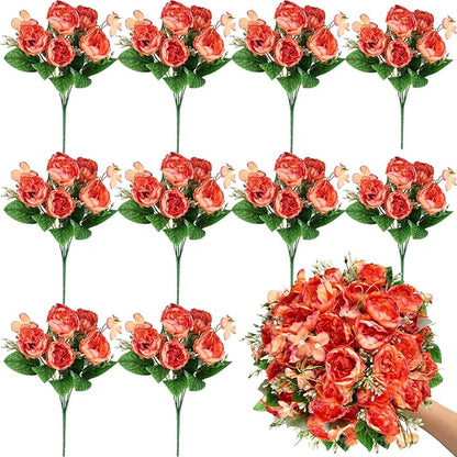 12 Bundles Peonies Artificial Flowers Fake Peony Bouquet Faux Peonies Flowers Bulk with Stems Flower Balls for Centerpiece Table Decorations Wedding Bridal Floral Arrangement (Orange)